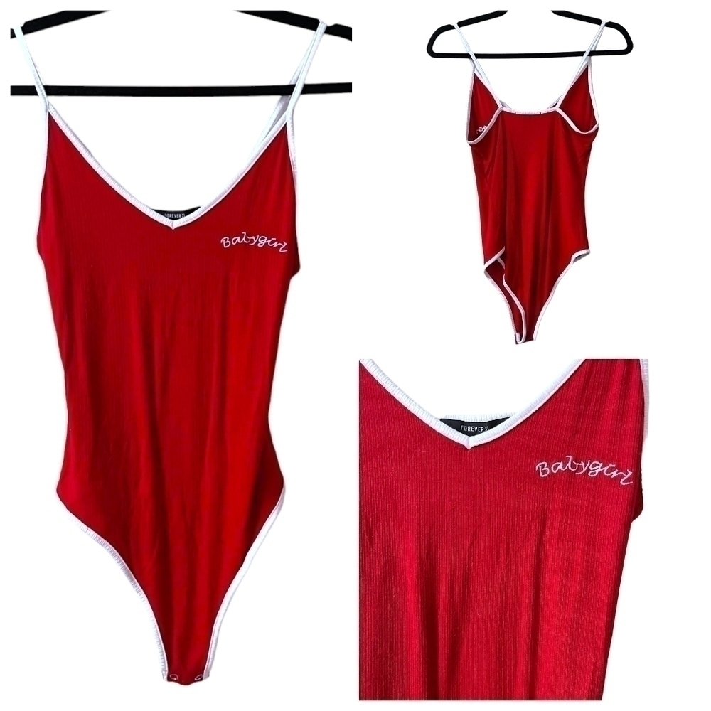 FOREVER 21 Red & White Ribbed "Baby Girl" Embroidered Body Suit Size M